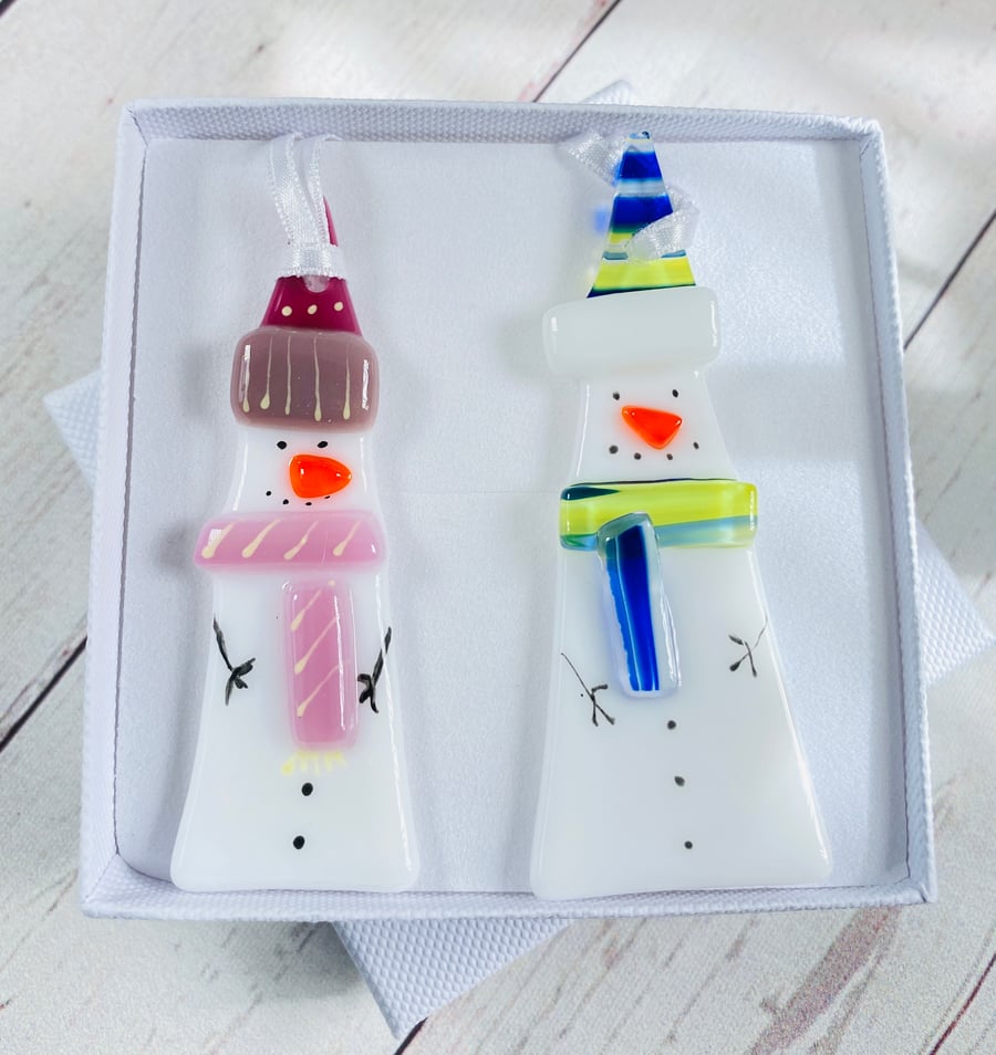 Mr and mrs snowman - fused glass Christmas decoration