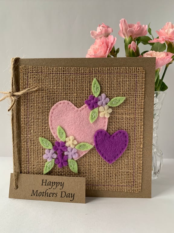 Handmade Mother’s Day Card. Hearts and flowers from wool felt. 