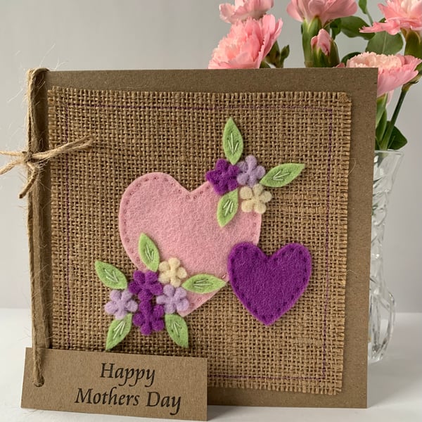 Handmade Mother’s Day Card. Hearts and flowers from wool felt. 