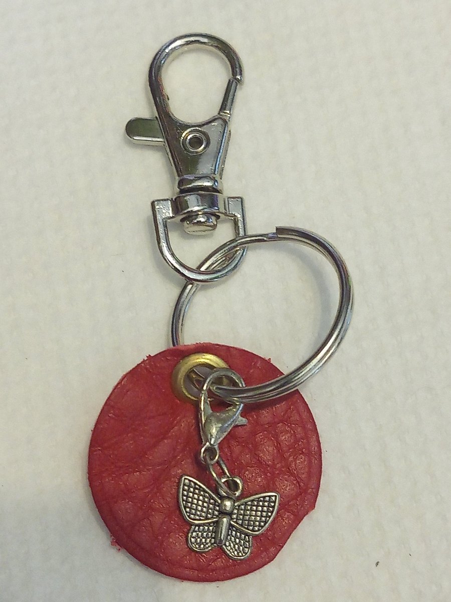 Red Leather Keyring with Butterfly