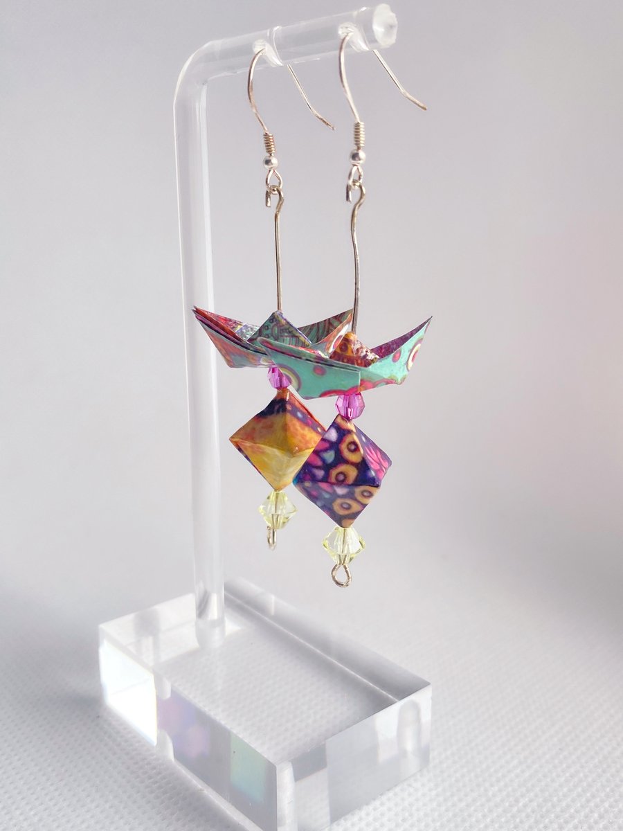 Paper Boat with Diamond Earrings, Origami Earrings, Earrings with Bead