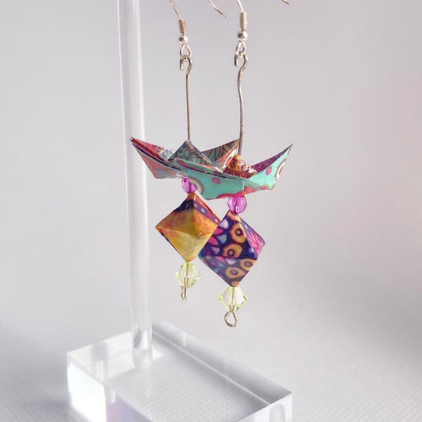 Paper Boat with Diamond Earrings, Origami Earrings, Earrings with Bead