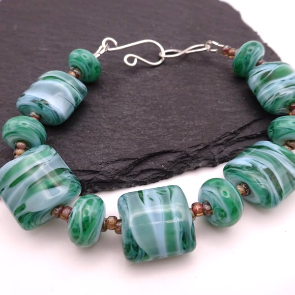 lampwork glass bracelet, green beaded jewellery
