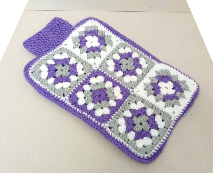 Hot water bottle cover in purple, white & grey, Lovely and warm. 