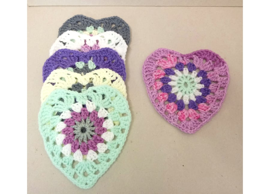 Heart coasters in mixed colours, set of six, crochet heart table mats