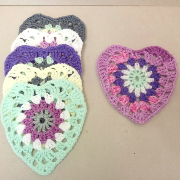 Heart coasters in mixed colours, set of six, crochet heart table mats