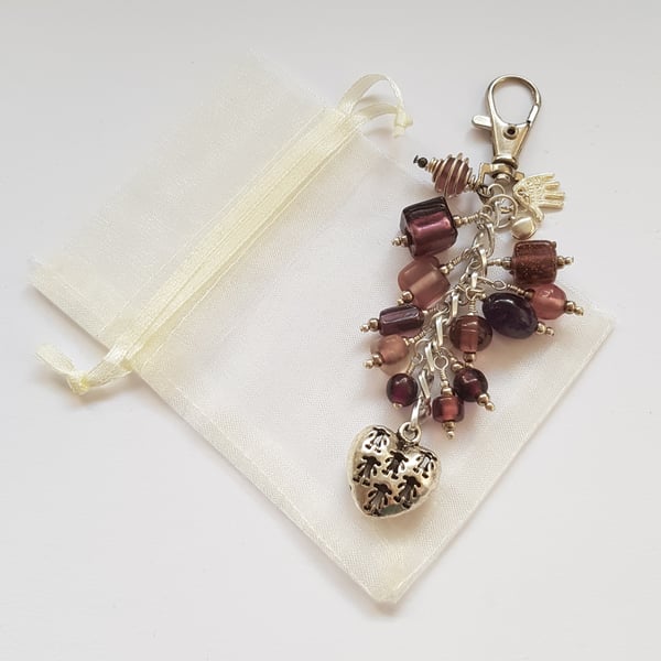 Purple Family Heart Bag Charm - Plum Beaded Handbag Clip