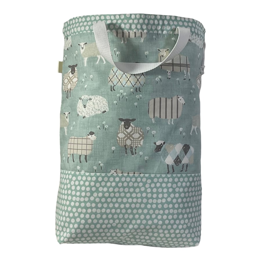 XXL drawstring knitting bag with Turquoise coloured sheep print, supersized mult