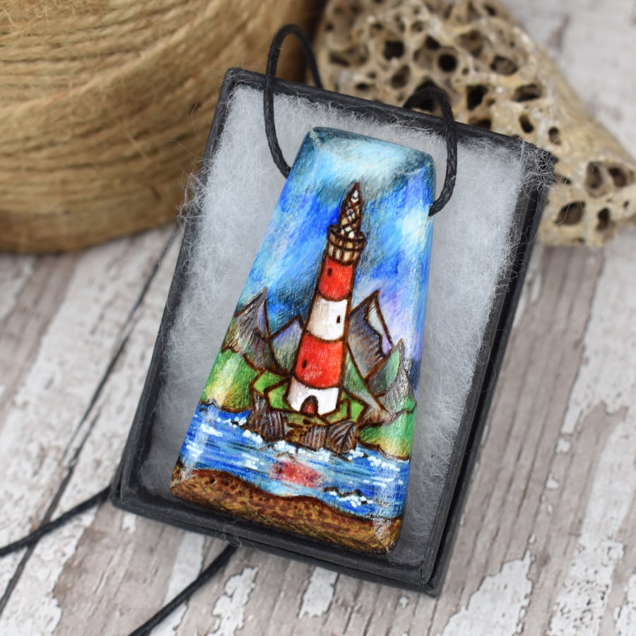 Lighthouse pyrography pendant. Red and white wooden necklace, wood anniversary. 