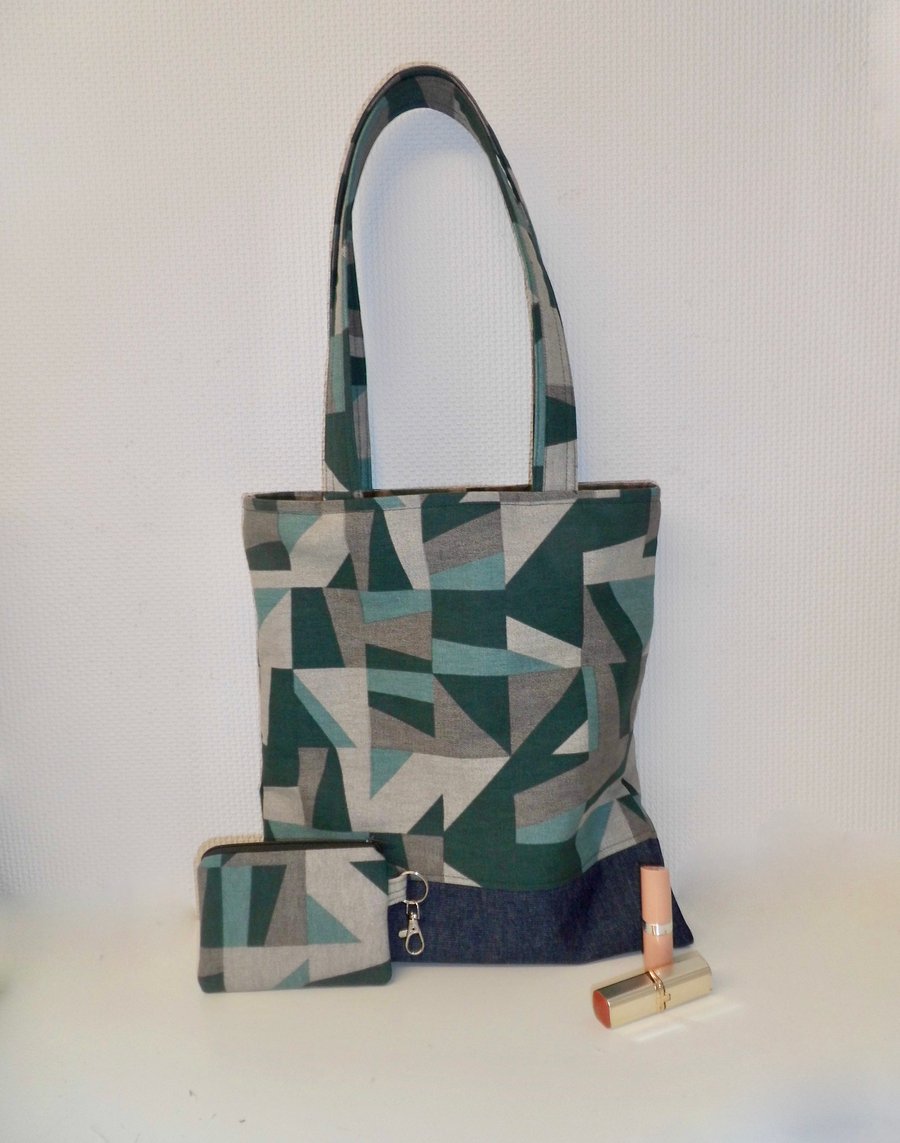 Tote bag and purse in geometric print grey and green with denim 