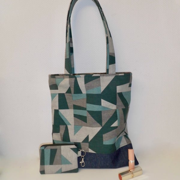 Tote bag and purse in geometric print grey and green with denim 