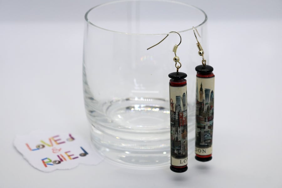 London Skyline Paper bead cylindrical dangling earrings