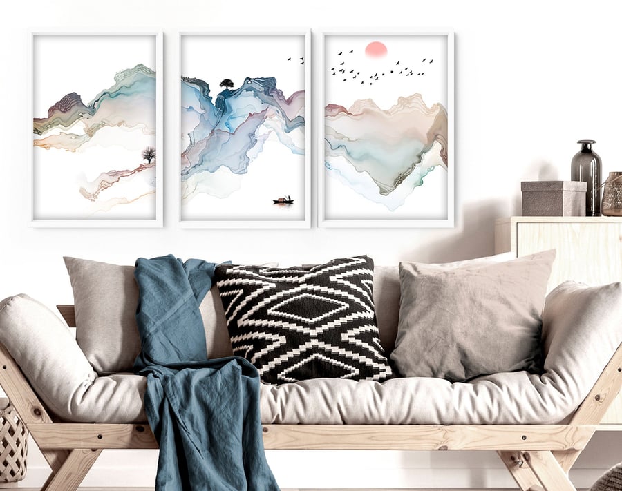 Watercolor painting mountain wall art prints set of 3, office decor gift for wom