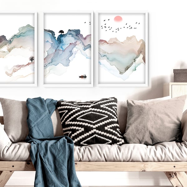 Watercolor painting mountain wall art prints set of 3, office decor gift for wom