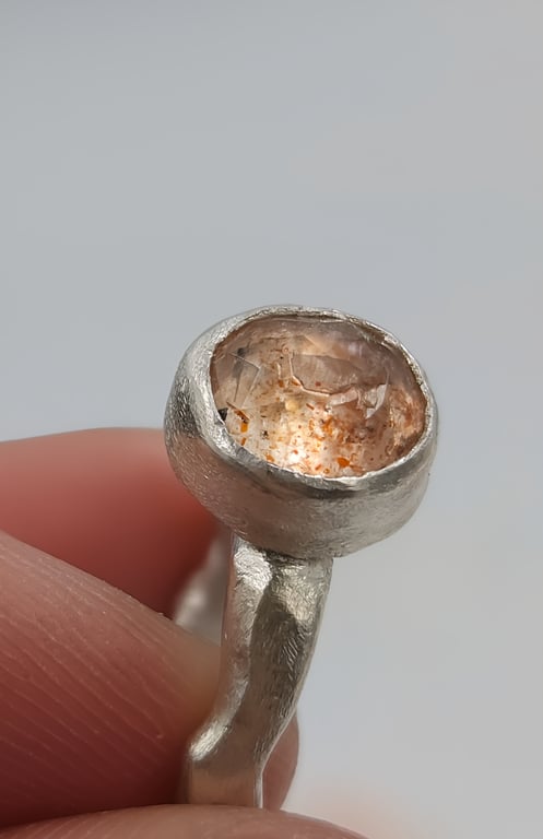 Rose Cut Sunstone Ring in Molten Textured Sterling Silver - Size L