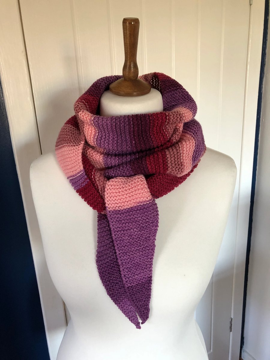 Shawl Triangular Scarf in cotton mix Purple and Pinks handknitted woollen 193cms