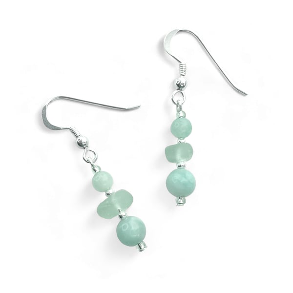 Sea Glass Earrings. Green Amazonite Crystal Dangly Earrings - Sterling Silver