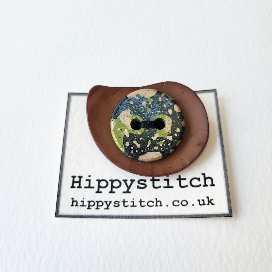 Button Brooch - Brown, Olive, Black and Gold
