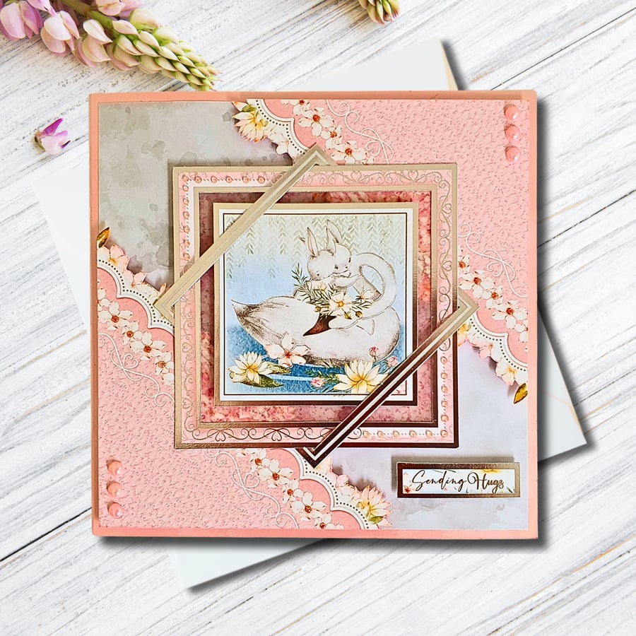 "Sending Hugs" Handmade Card with Bunnies & Swan for Many Occasions, Pastel Pink