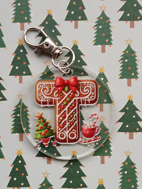 Clear acrylic Christmas keyring  "T"