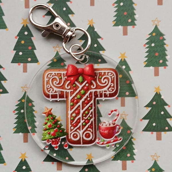 Clear acrylic Christmas keyring  "T"