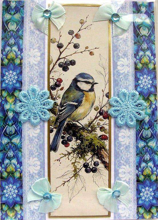 Blue Tit Garden Bird - Hand Crafted Decoupage Card - Blank - 3341