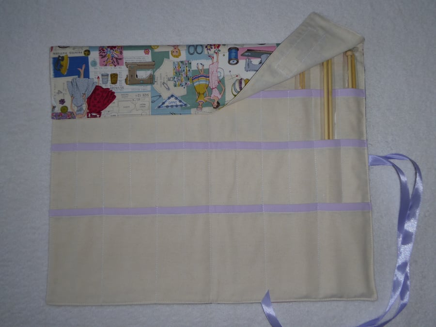 Knitting Needle Roll In Vintage Sewing Print Cotton with 3 Pairs Bamboo Needles.