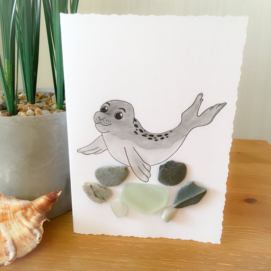 SALE- Cornish sea glass ‘seal pup’ hand drawn card