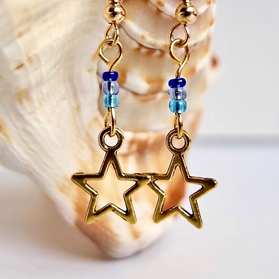 Christmas Gold Star Earrings With Blue Glass - Handmade In Devon - Fee UK P&P