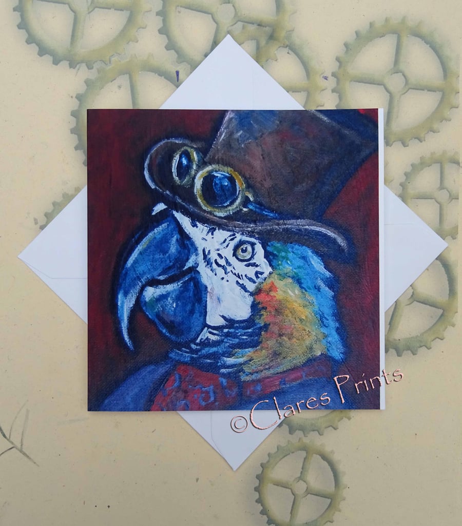 Steampunk Parrot Art Greeting Card From my Original Painting