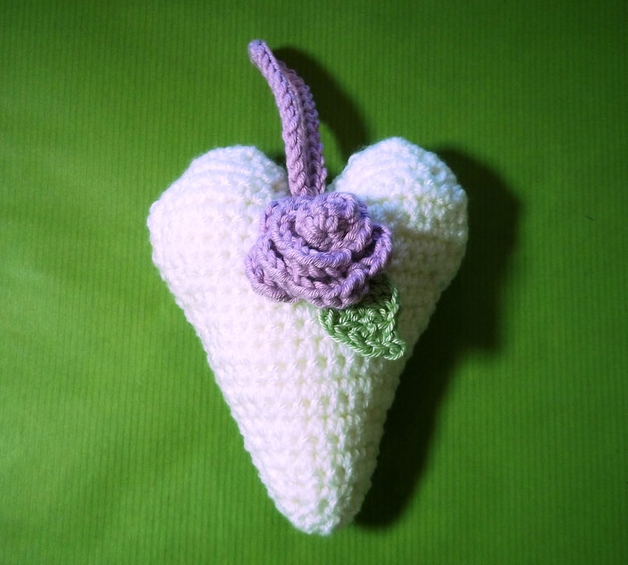 Decorative Crochet Heart with Rose cream and lilac. 