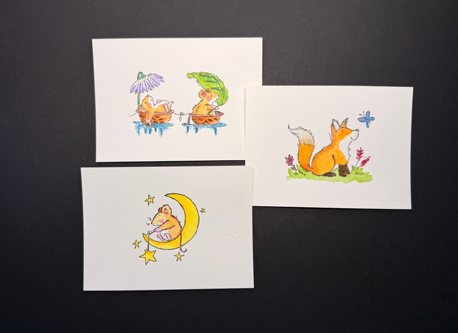 Hand watercoloured postcards from Penny Black stamps - Mice and fox