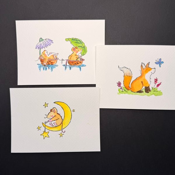 Hand watercoloured postcards from Penny Black stamps - Mice and fox