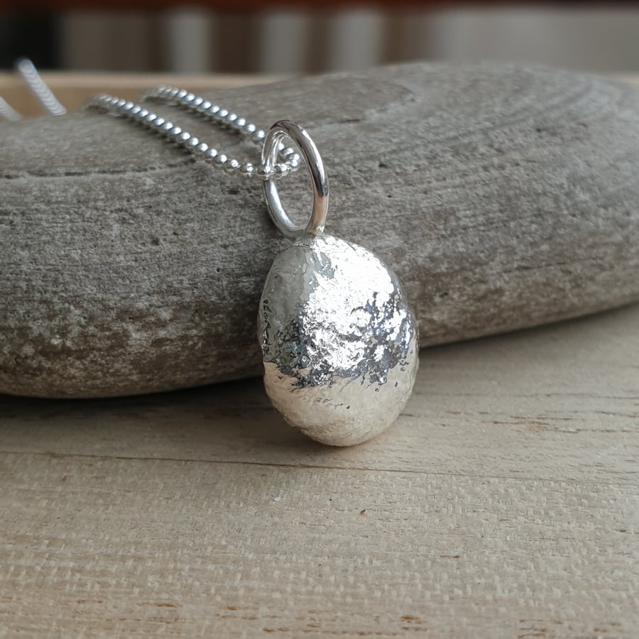 Recycled silver pebble pendant, Chunky silver nugget necklace