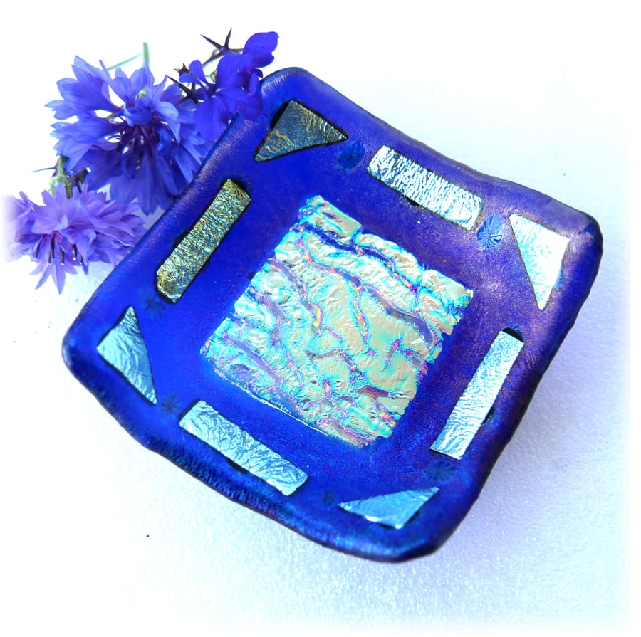 Dichroic Fused Glass Trinket Dish 7.5cm Royal Blue Silver 
