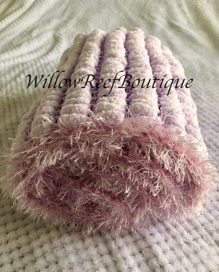 Hand Knitted Small Baby Pompom Blanket For Crib or Pram In Lilac  