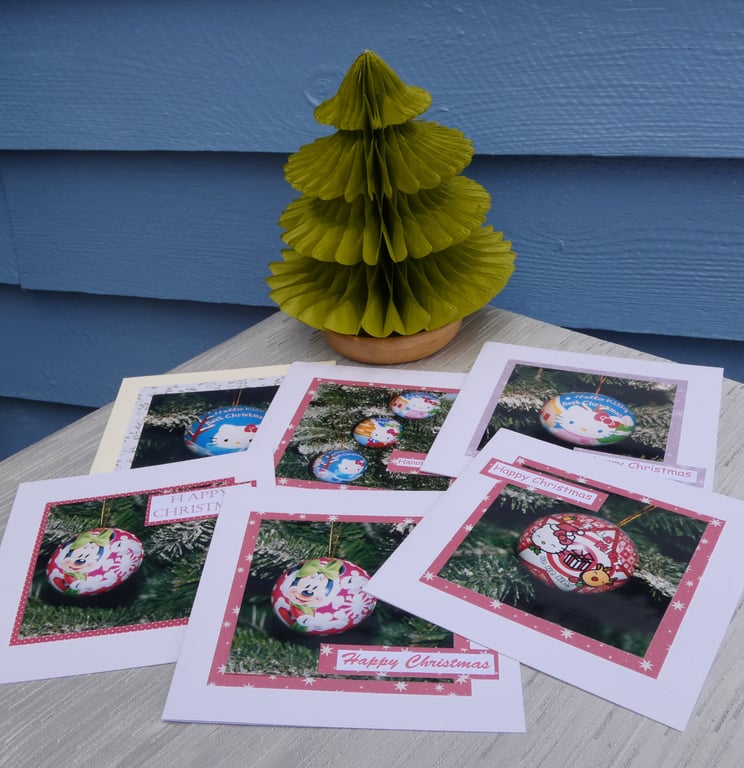 Bundle of 6 Christmas photographic cards, Minnie Mouse & Hello Kitty, 6x6" cards