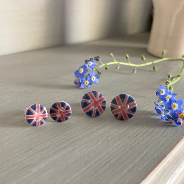Union Jack button earrings, choice of size, patriotic jewellery