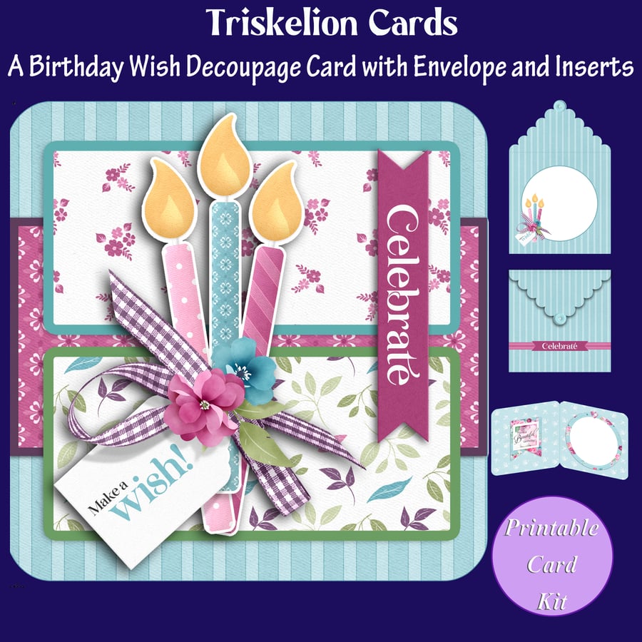 A Birthday Wish Rounded Corner 3D Decoupage PRINTABLE Card Making Kit PDF