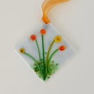 Fused glass mini hanging decoration, orange and yellow flowers, No 2