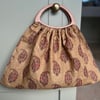 Ochre paisley linen vintage style handbag knitting granny bag