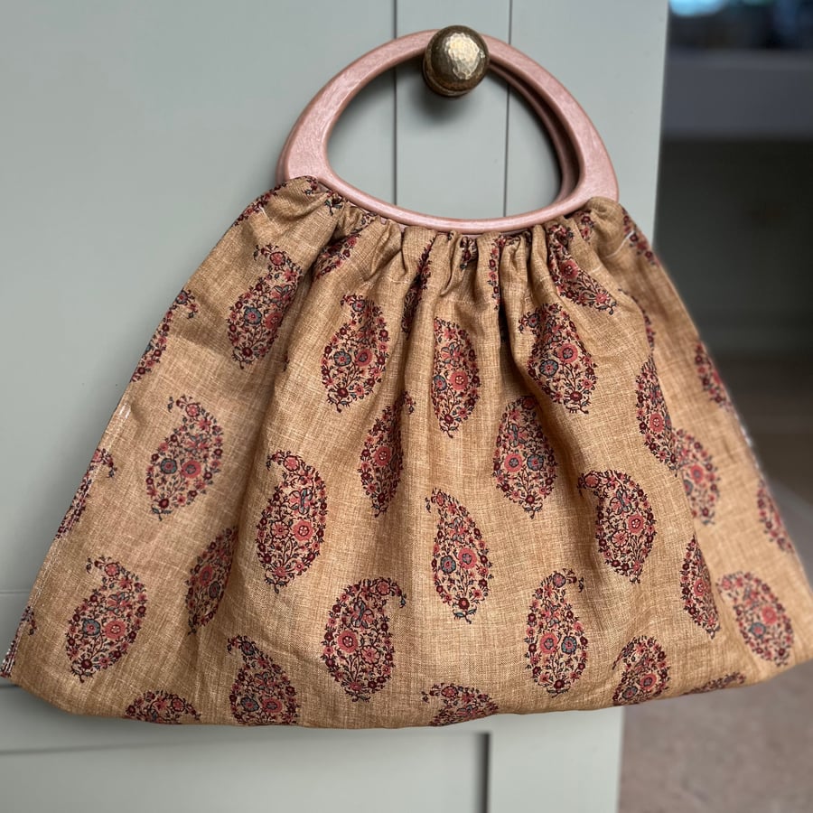 Ochre paisley linen vintage style handbag knitting granny bag