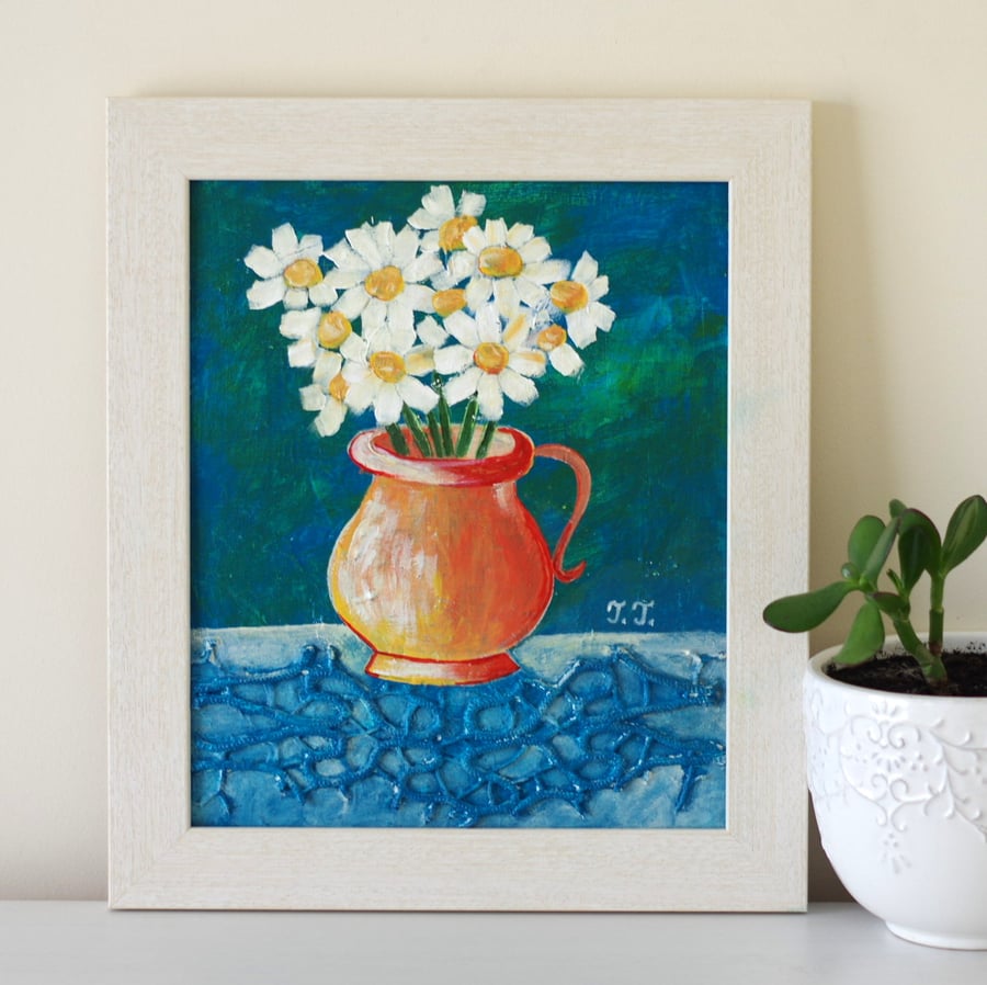 Daisy Painting, Blue Painting with Daisies, Framed Floral Artwork, Mixed Media