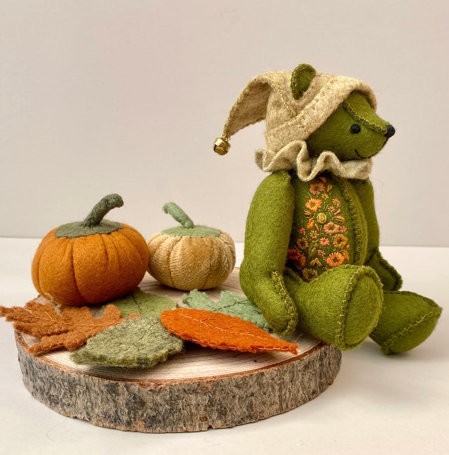 Woodland elf collectable teddy bear, Autumn bear display, elf teddy bears 