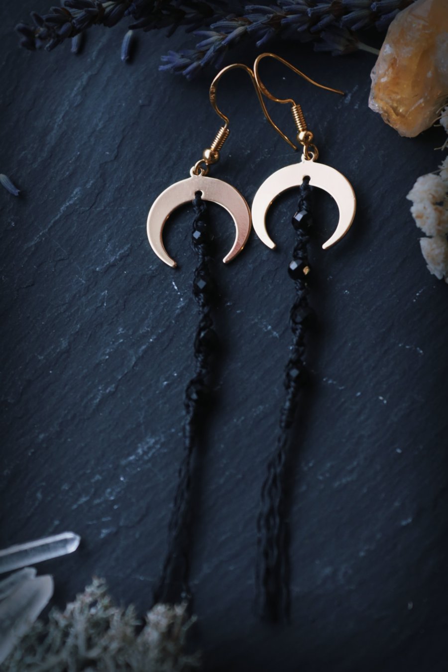 Macrame earrings with moon and Tourmaline hippie, spiritual 