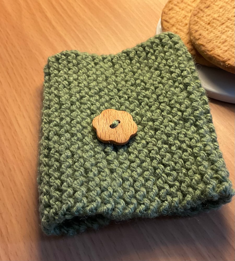 Knitted Cup Cosy Coffee Sleeve Sage Green & Wooden Button
