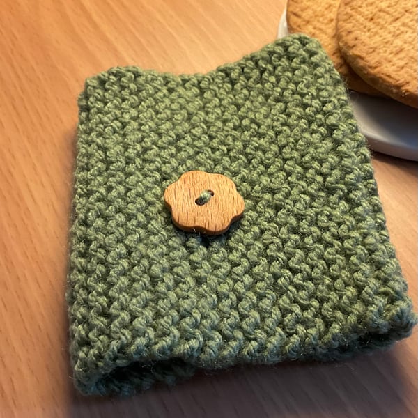 Knitted Cup Cosy Coffee Sleeve Sage Green & Wooden Button