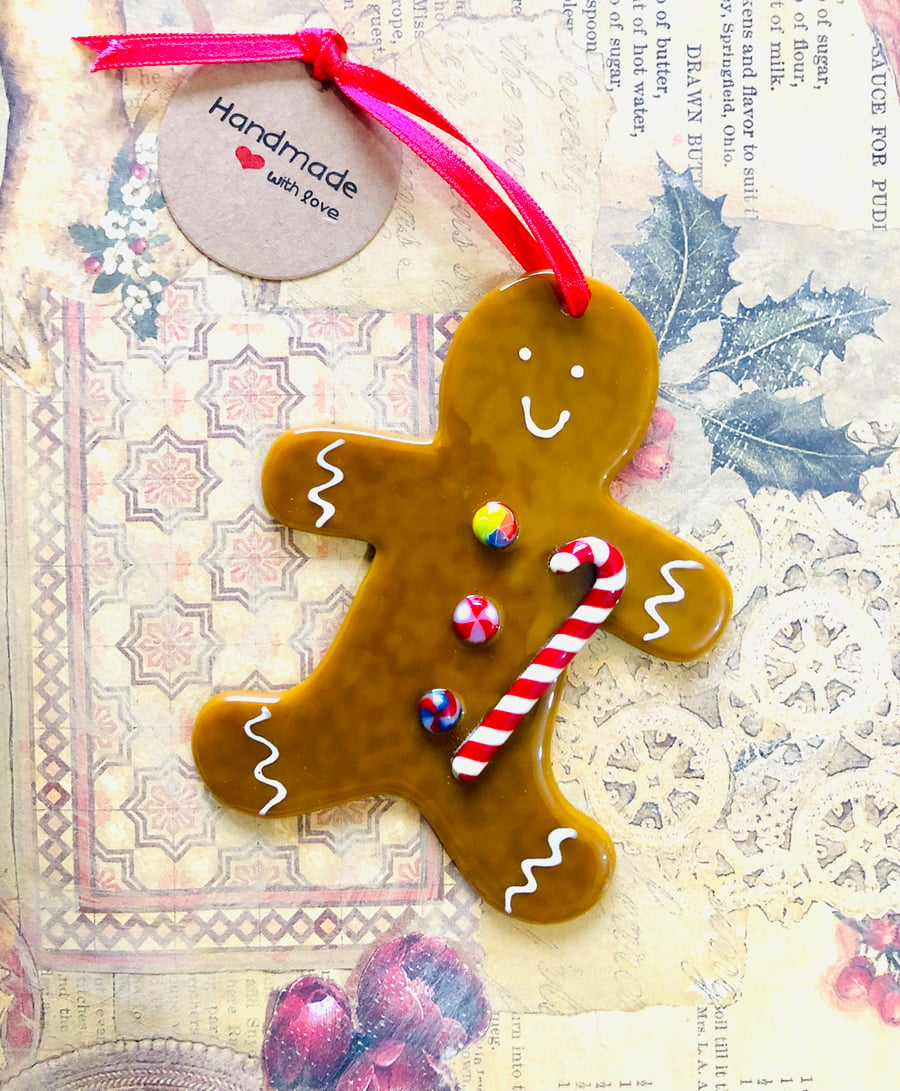 Fused glass gingerbread man Christmas decoration  candy buttons and cane 
