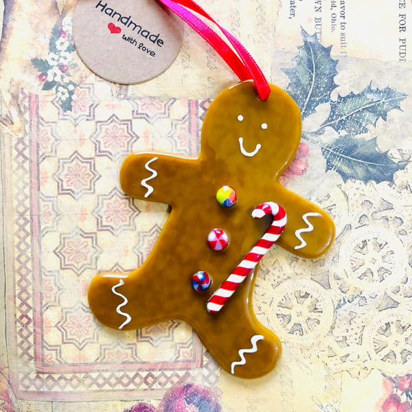 Fused glass gingerbread man Christmas decoration  candy buttons and cane 