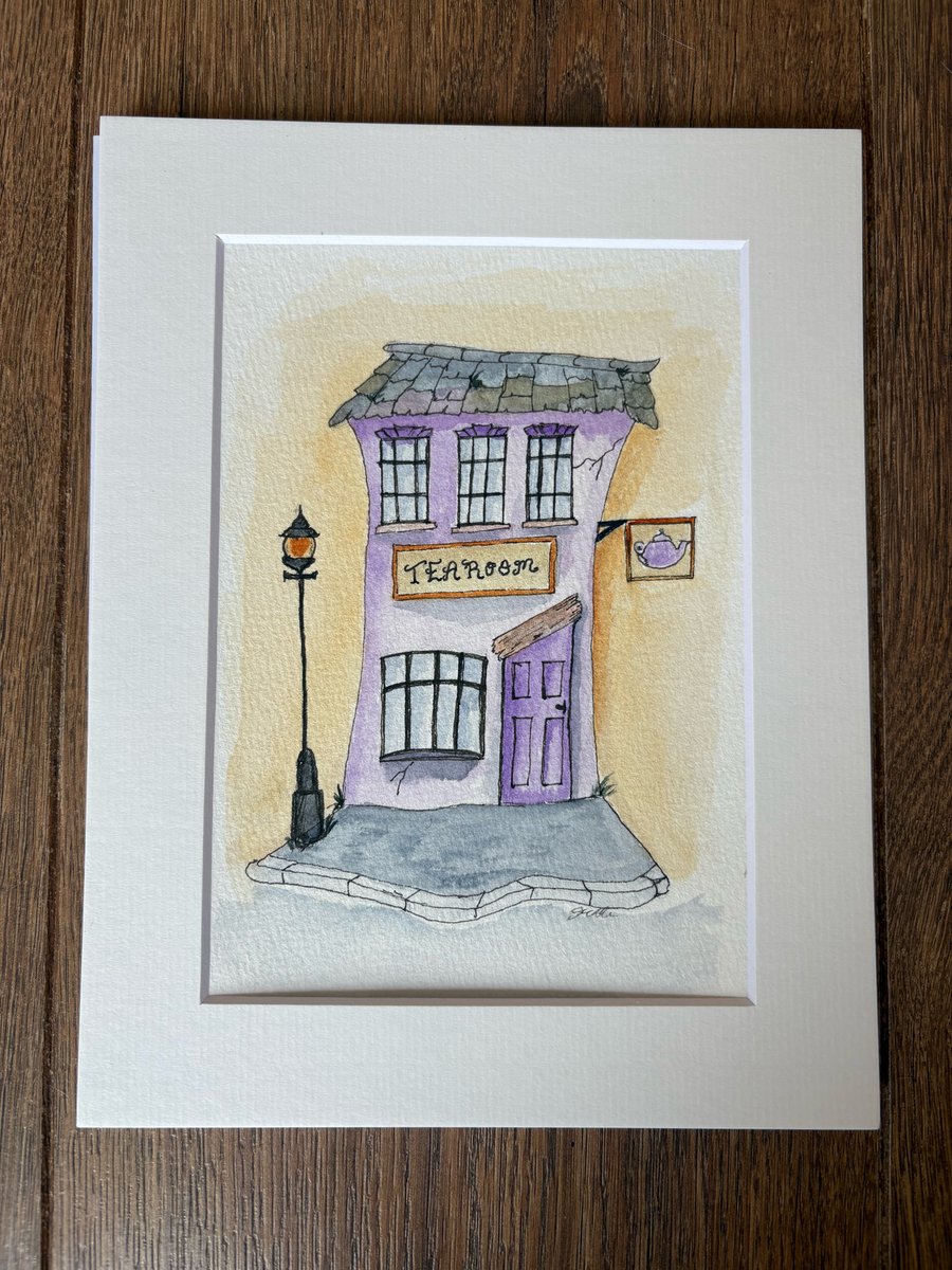 Whimsical Purple Tearoom – Original Watercolour Painting 9 x7 Mounted 